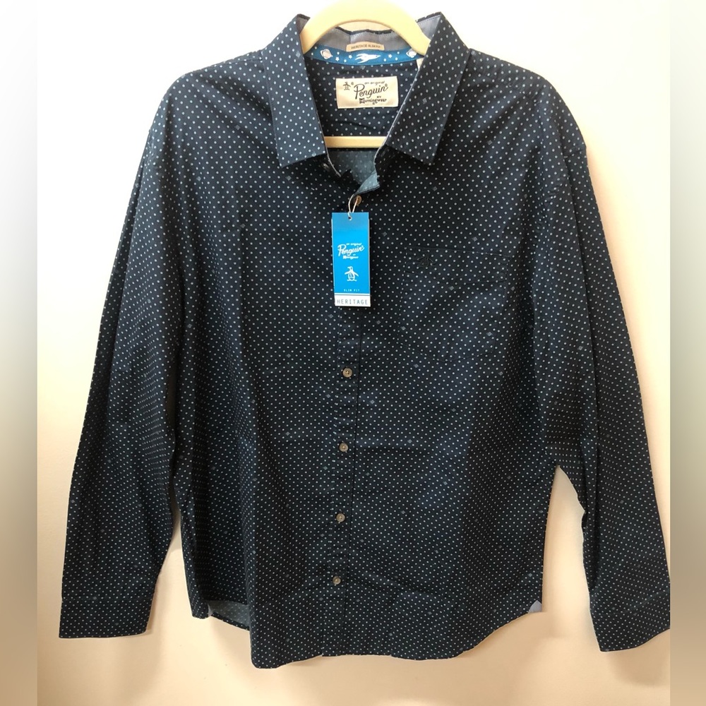 Penguin by Munsing Mens long sleeve Navy Polka Dot Button down shirt sli…